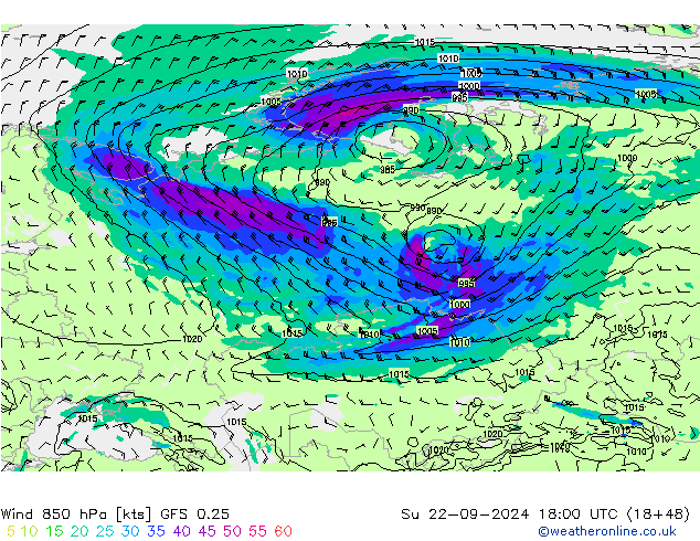 Vento 850 hPa GFS 0.25 Dom 22.09.2024 18 UTC