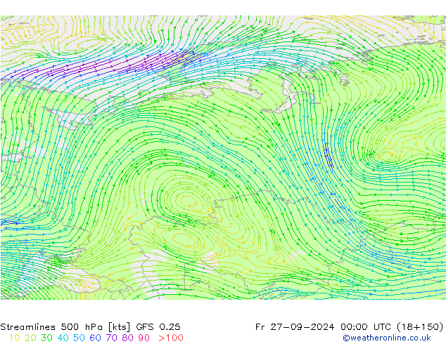 Linia prądu 500 hPa GFS 0.25 pt. 27.09.2024 00 UTC