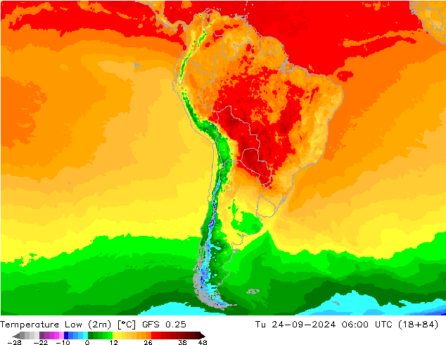 Tiefstwerte (2m) GFS 0.25 Di 24.09.2024 06 UTC