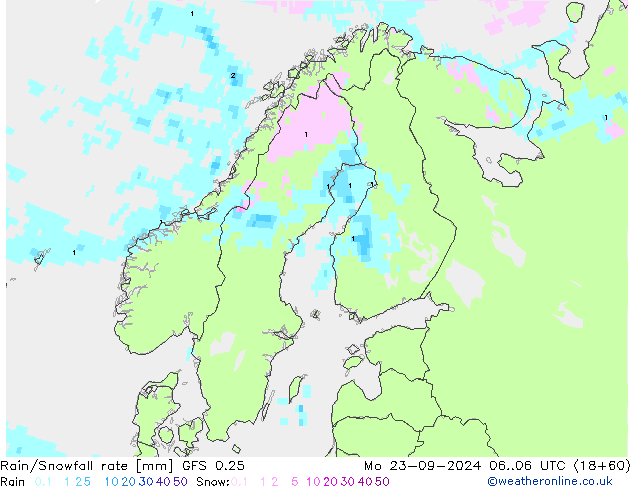 Rain/Snowfall rate GFS 0.25 pon. 23.09.2024 06 UTC