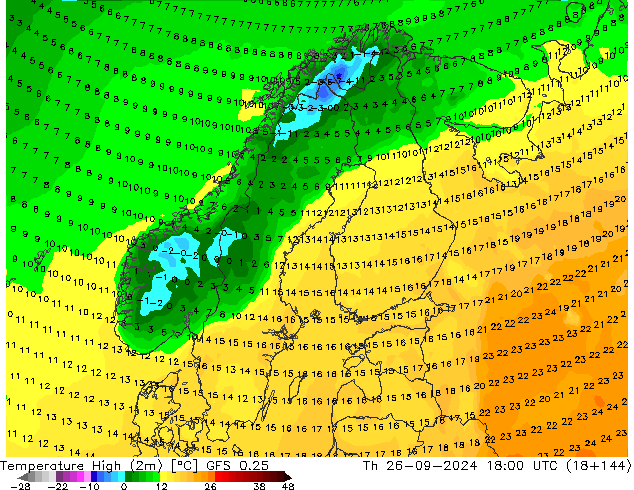 Temperature High (2m) GFS 0.25 Th 26.09.2024 18 UTC