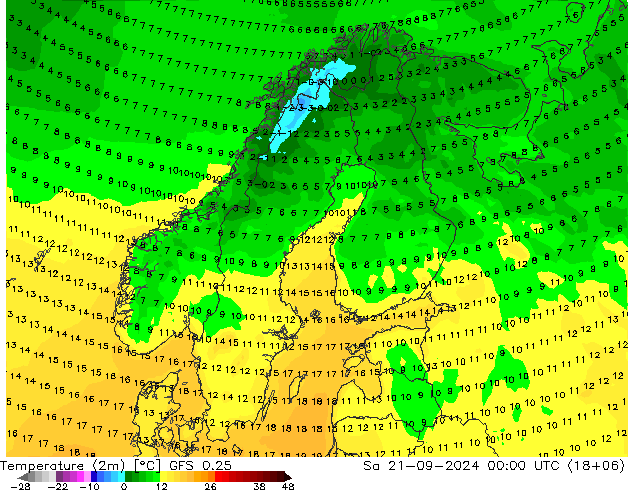 Temperaturkarte (2m) GFS 0.25 Sa 21.09.2024 00 UTC