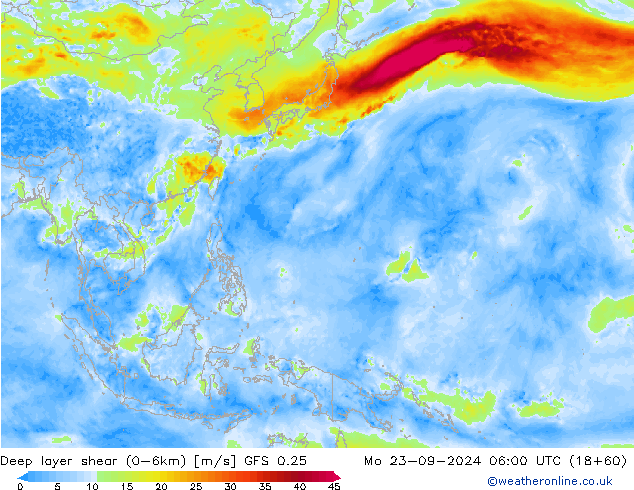 Deep layer shear (0-6km) GFS 0.25 Mo 23.09.2024 06 UTC