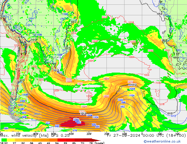 Max. wind velocity GFS 0.25 ven 27.09.2024 00 UTC