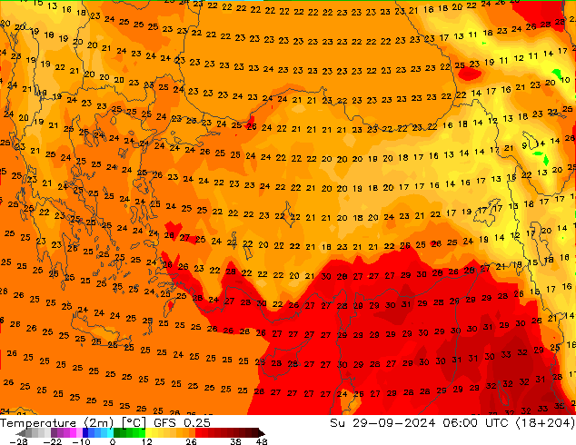 карта температуры GFS 0.25 Вс 29.09.2024 06 UTC