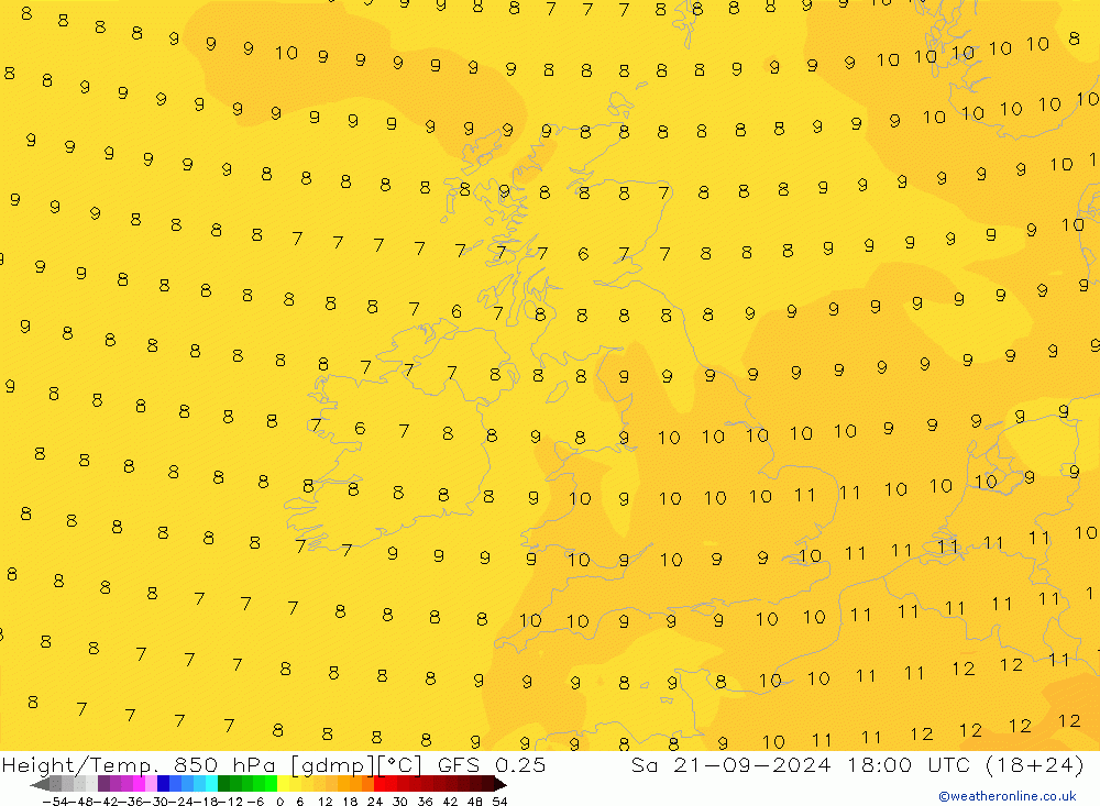 Height/Temp. 850 hPa GFS 0.25 So 21.09.2024 18 UTC