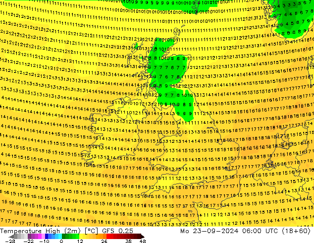 Max.temperatuur (2m) GFS 0.25 ma 23.09.2024 06 UTC