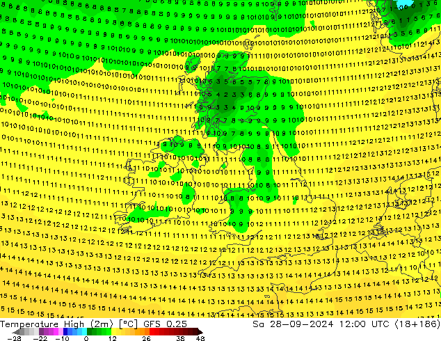 Max. Temperatura (2m) GFS 0.25 so. 28.09.2024 12 UTC