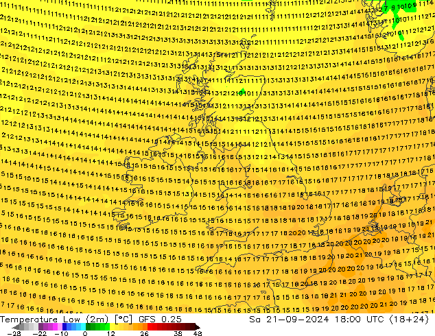 Temperature Low (2m) GFS 0.25 Sa 21.09.2024 18 UTC