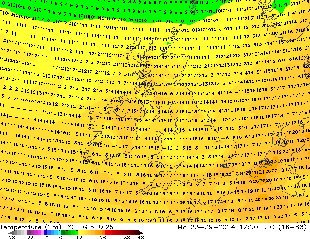 Temperature (2m) GFS 0.25 Mo 23.09.2024 12 UTC