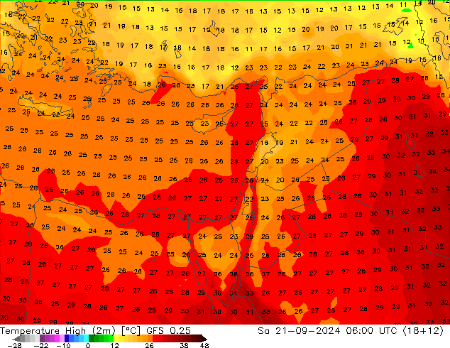 Nejvyšší teplota (2m) GFS 0.25 So 21.09.2024 06 UTC