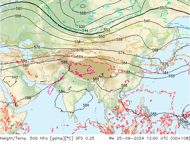 Z500/Rain (+SLP)/Z850 GFS 0.25 We 25.09.2024 12 UTC