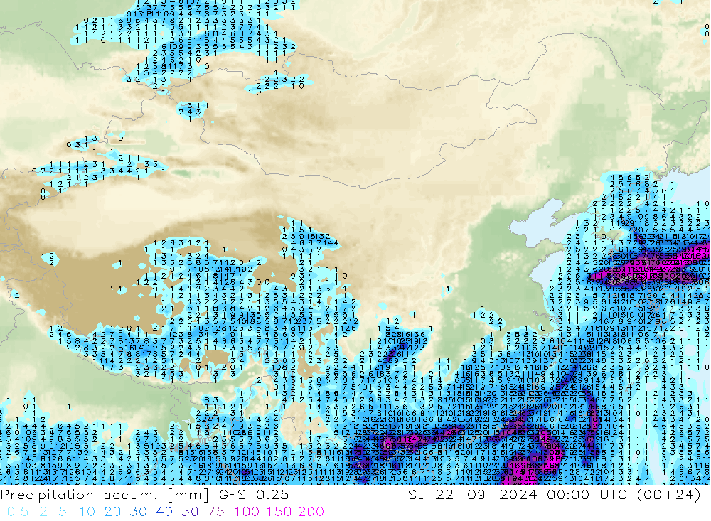 Precipitation accum. GFS 0.25 星期日 22.09.2024 00 UTC