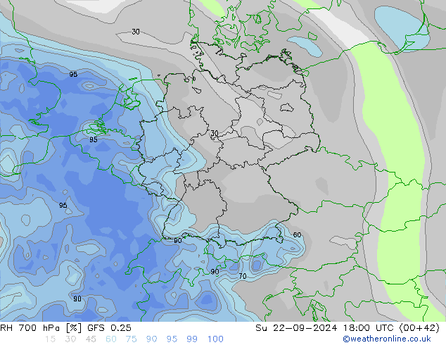 RH 700 hPa GFS 0.25 Su 22.09.2024 18 UTC