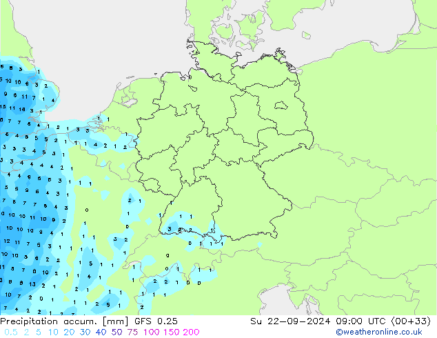 Precipitation accum. GFS 0.25 Вс 22.09.2024 09 UTC