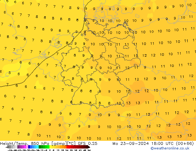 Height/Temp. 850 hPa GFS 0.25 Po 23.09.2024 18 UTC