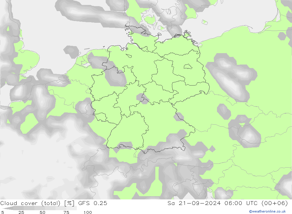 Cloud cover (total) GFS 0.25 Sa 21.09.2024 06 UTC