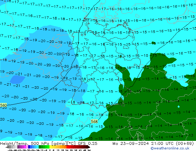 Z500/Rain (+SLP)/Z850 GFS 0.25 Po 23.09.2024 21 UTC