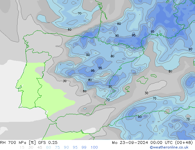 700 hPa Nispi Nem GFS 0.25 Pzt 23.09.2024 00 UTC