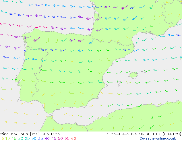 Viento 850 hPa GFS 0.25 jue 26.09.2024 00 UTC