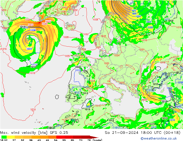 Max. wind velocity GFS 0.25 Sáb 21.09.2024 18 UTC