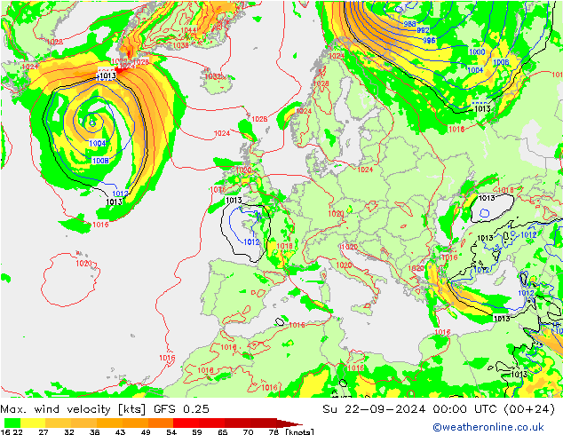 Max. wind velocity GFS 0.25 Вс 22.09.2024 00 UTC