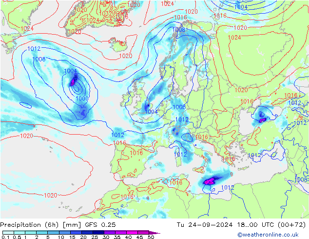 Z500/Rain (+SLP)/Z850 GFS 0.25 Tu 24.09.2024 00 UTC