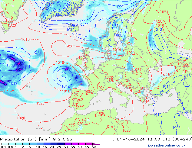 Z500/Rain (+SLP)/Z850 GFS 0.25 Tu 01.10.2024 00 UTC