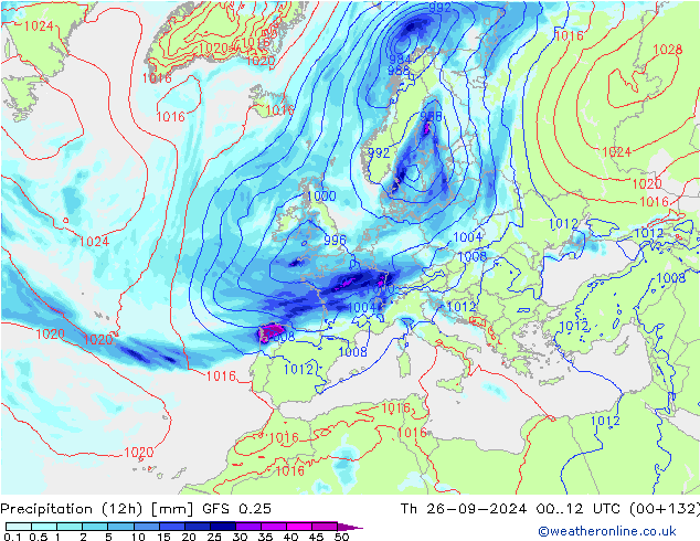 Precipitation (12h) GFS 0.25 Th 26.09.2024 12 UTC