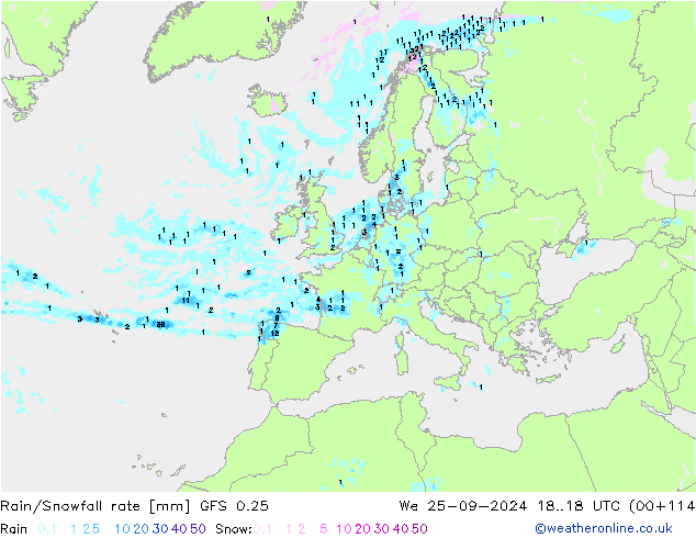 Regen/Schneefallrate GFS 0.25 Mi 25.09.2024 18 UTC