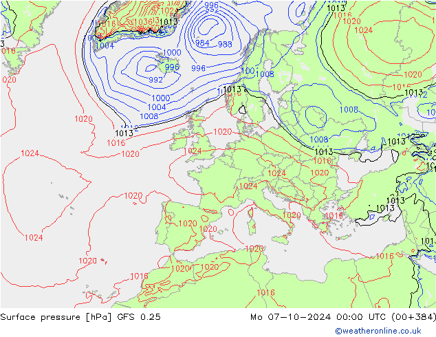 地面气压 GFS 0.25 星期一 07.10.2024 00 UTC