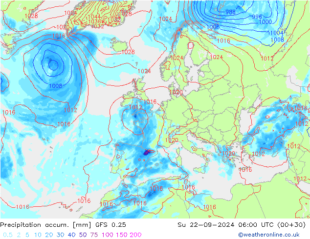 Precipitation accum. GFS 0.25 Su 22.09.2024 06 UTC