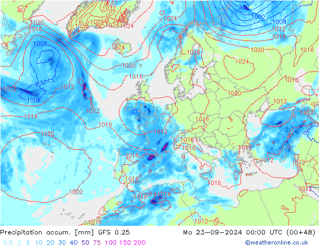 Precipitation accum. GFS 0.25 Mo 23.09.2024 00 UTC