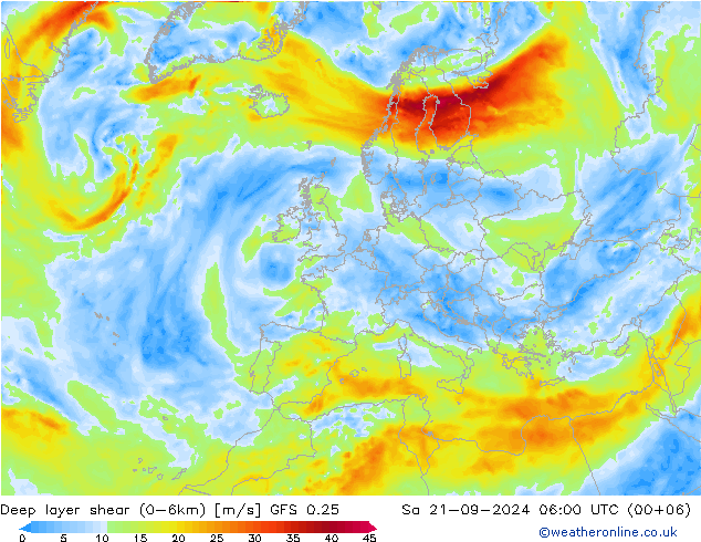 Deep layer shear (0-6km) GFS 0.25 сб 21.09.2024 06 UTC