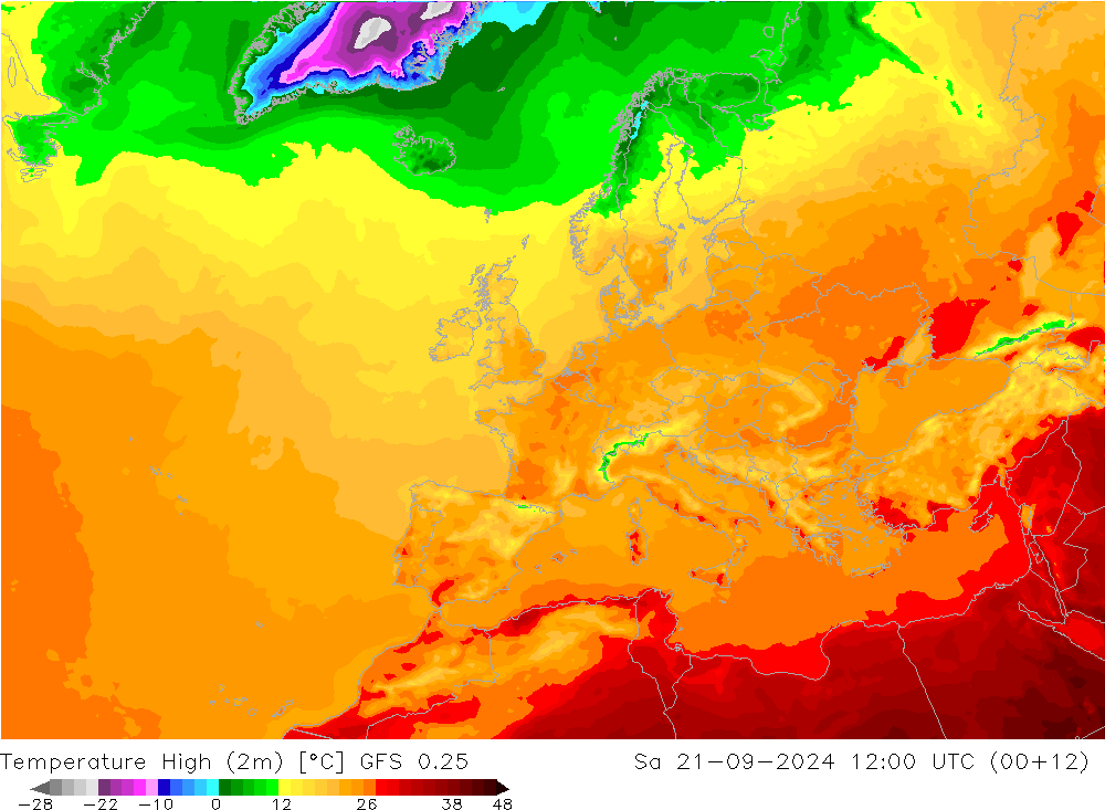 Nejvyšší teplota (2m) GFS 0.25 So 21.09.2024 12 UTC