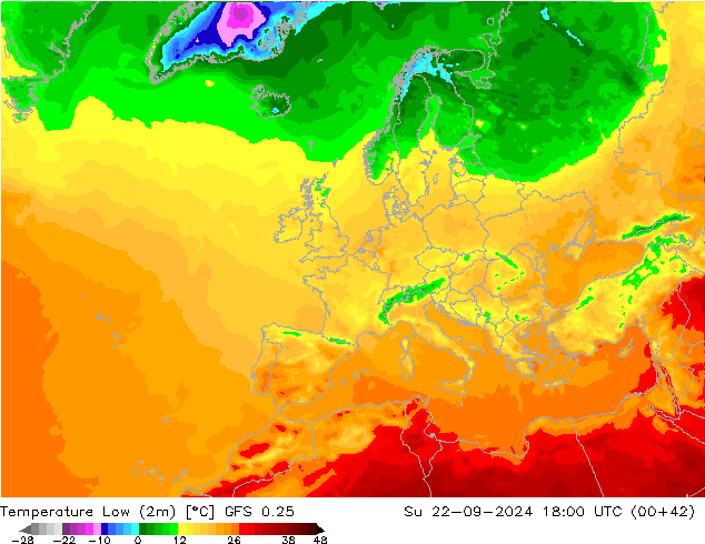 Temperature Low (2m) GFS 0.25 Su 22.09.2024 18 UTC