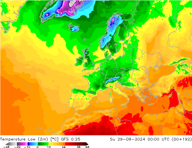 temperatura mín. (2m) GFS 0.25 Dom 29.09.2024 00 UTC