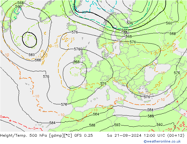 Height/Temp. 500 hPa GFS 0.25 Sa 21.09.2024 12 UTC