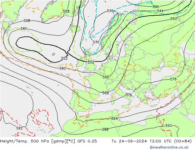 Z500/Rain (+SLP)/Z850 GFS 0.25 Tu 24.09.2024 12 UTC