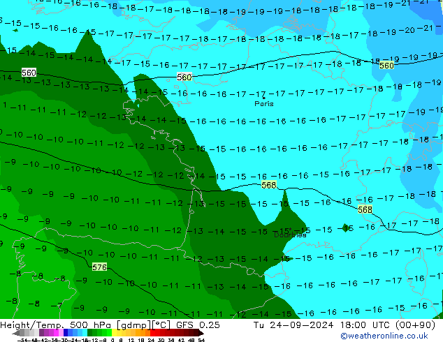 Z500/Rain (+SLP)/Z850 GFS 0.25 Tu 24.09.2024 18 UTC