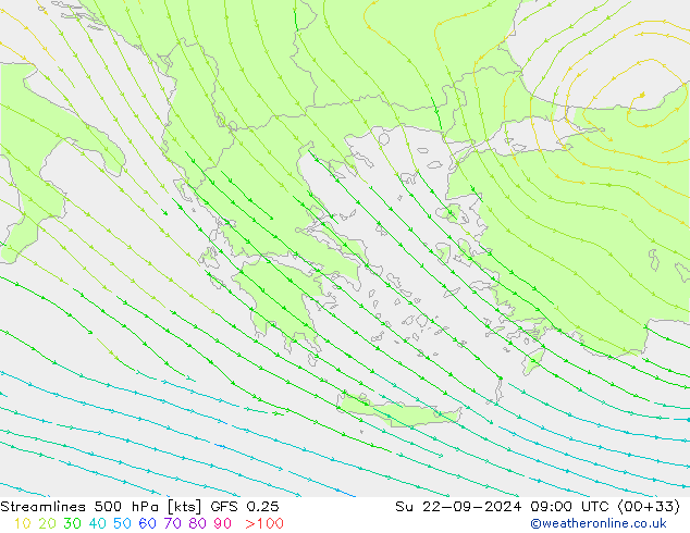 Streamlines 500 hPa GFS 0.25 Su 22.09.2024 09 UTC