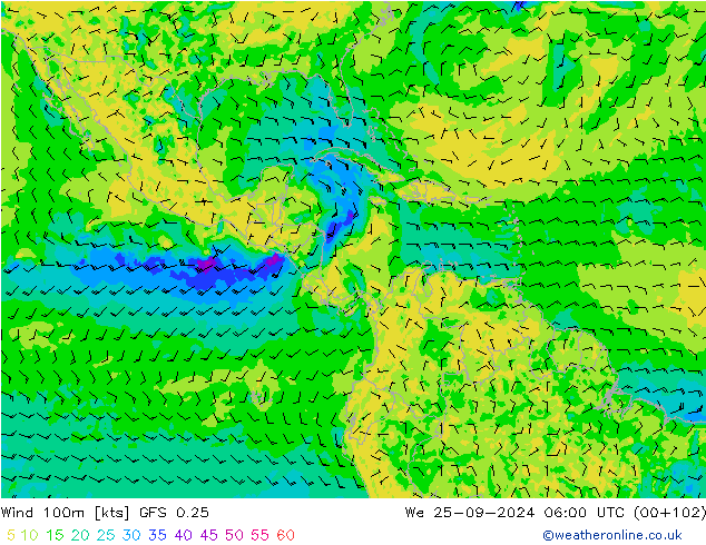 Vent 100m GFS 0.25 mer 25.09.2024 06 UTC