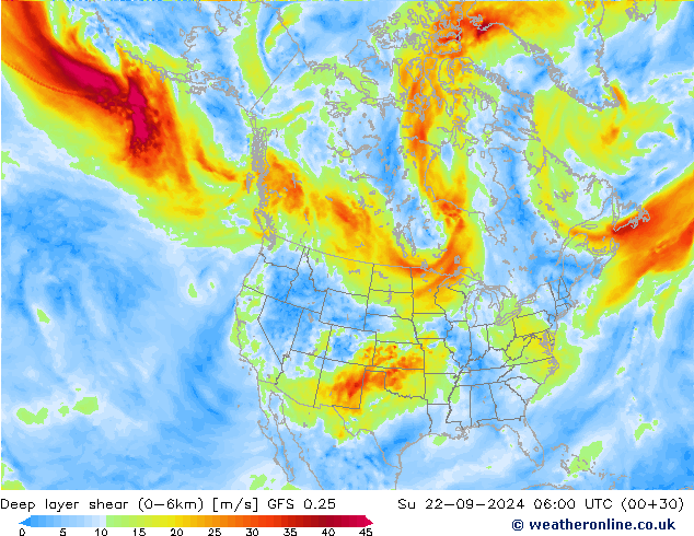 Deep layer shear (0-6km) GFS 0.25  22.09.2024 06 UTC