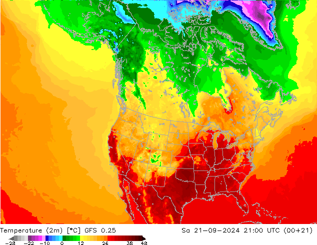 Temperaturkarte (2m) GFS 0.25 Sa 21.09.2024 21 UTC