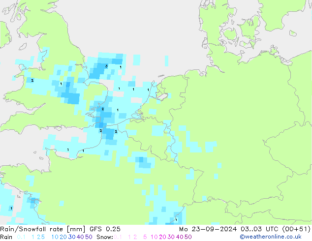 Regen/Schneefallrate GFS 0.25 Mo 23.09.2024 03 UTC