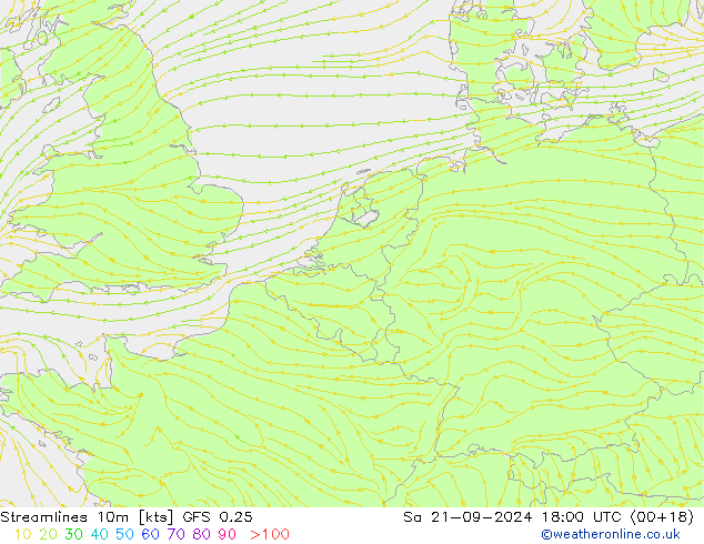 Linha de corrente 10m GFS 0.25 Sáb 21.09.2024 18 UTC