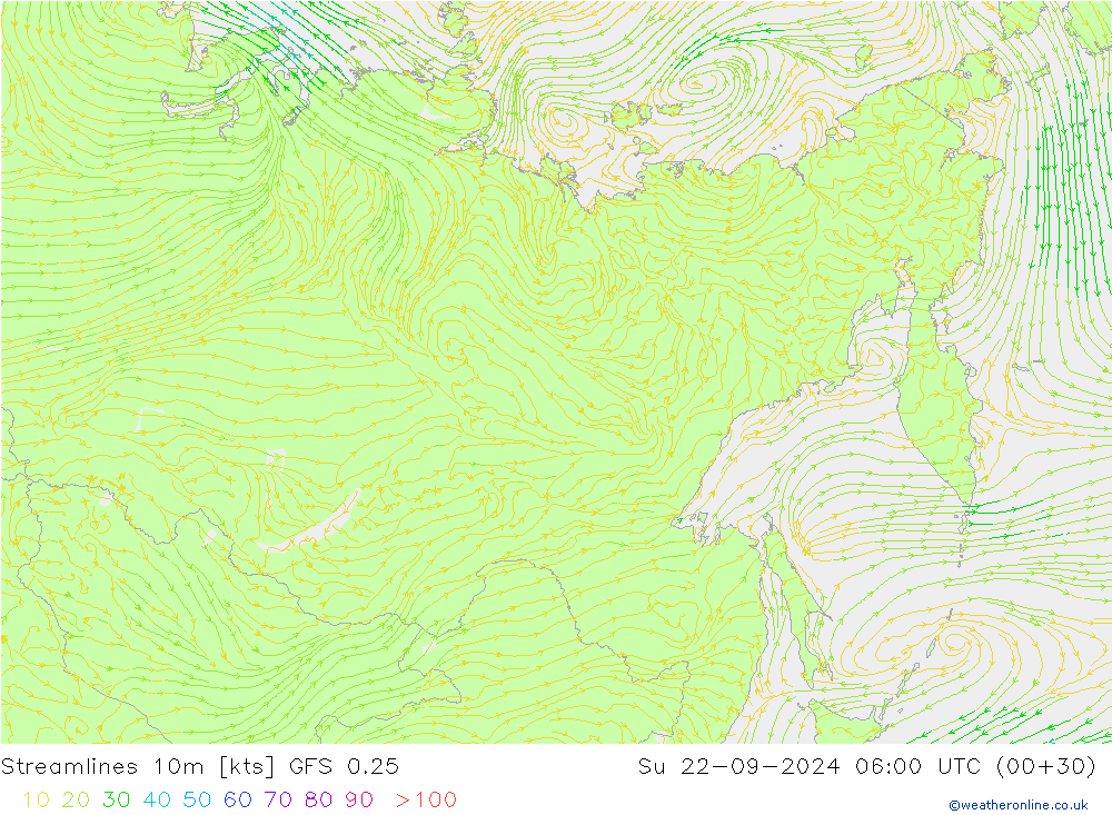 Linha de corrente 10m GFS 0.25 Dom 22.09.2024 06 UTC