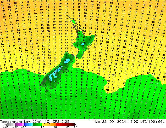 temperatura mín. (2m) GFS 0.25 Seg 23.09.2024 18 UTC