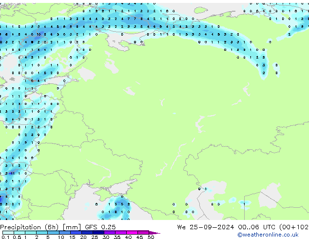 Precipitation (6h) GFS 0.25 We 25.09.2024 06 UTC