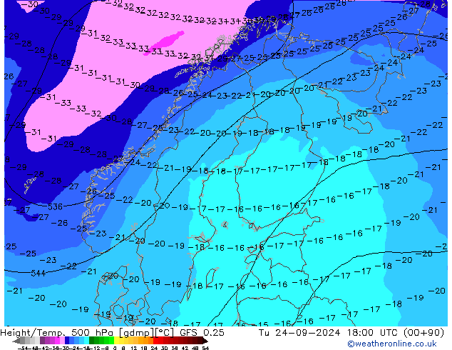 Z500/Rain (+SLP)/Z850 GFS 0.25 Tu 24.09.2024 18 UTC